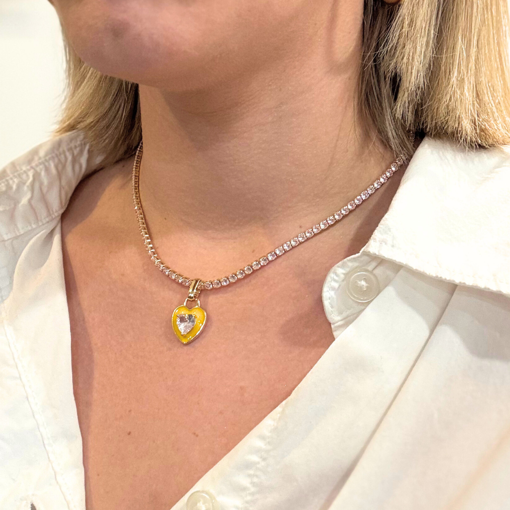Clear Stone Tennis Necklace with Yellow Heart Charm