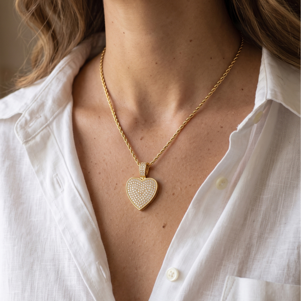 A close-up of a woman wearing a gold heart-shaped pendant necklace with a textured, pave-like surface. She is wearing a white button-down shirt.