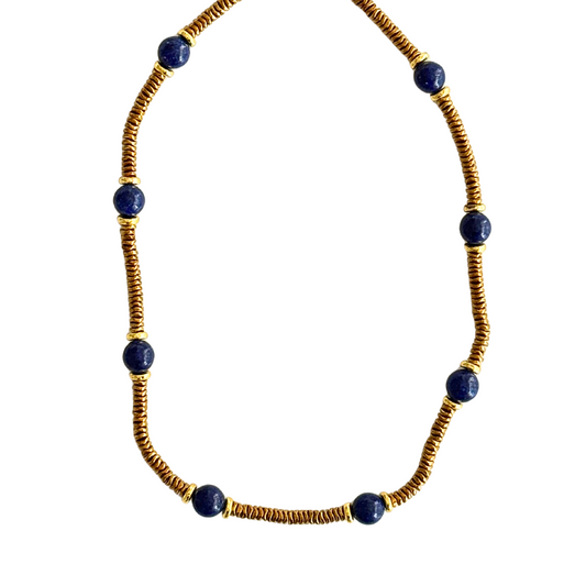 Gold bead and Genuine Blue Lapis Station Necklace