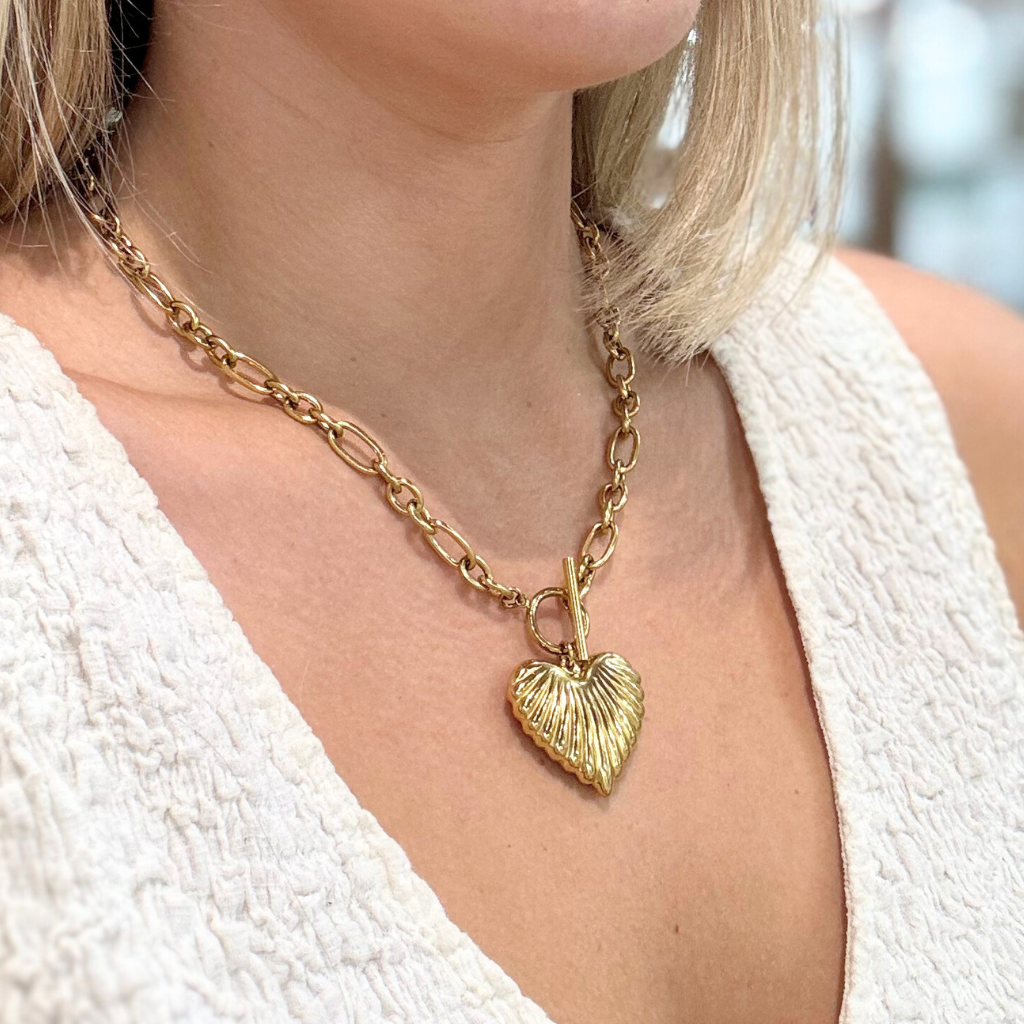 Gold Chain with Gold Ribbed Heart Charm Necklace