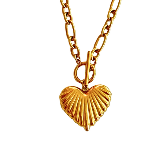 Gold Chain with Gold Ribbed Heart Charm Necklace