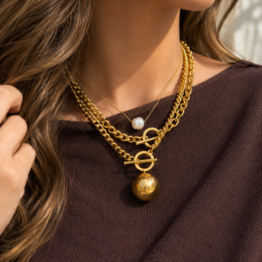 A close-up of a woman wearing a layered gold necklace set. The necklace features a thick curb chain, a chain with a toggle ring and gold ball pendant, and a delicate chain with a single white pearl.