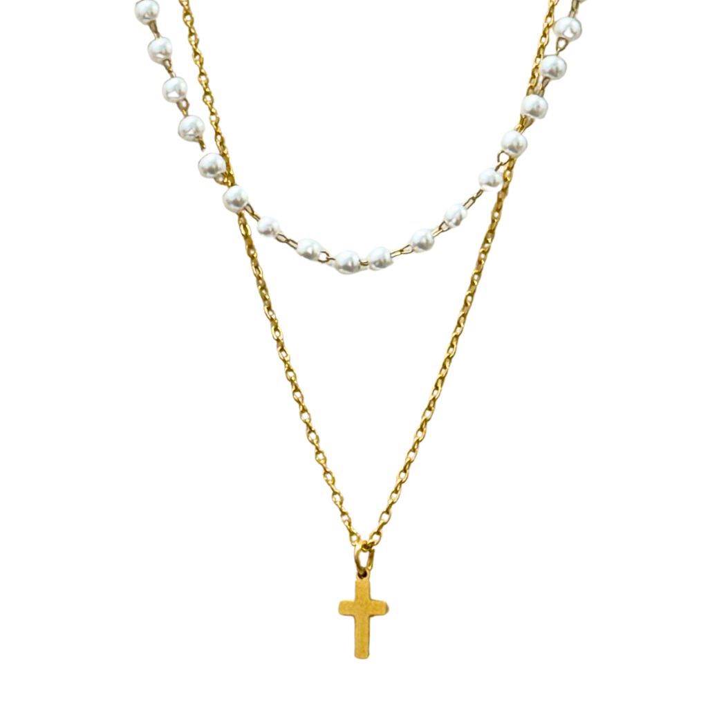 Two-Strand Pearl & Gold Cross Charm Necklace