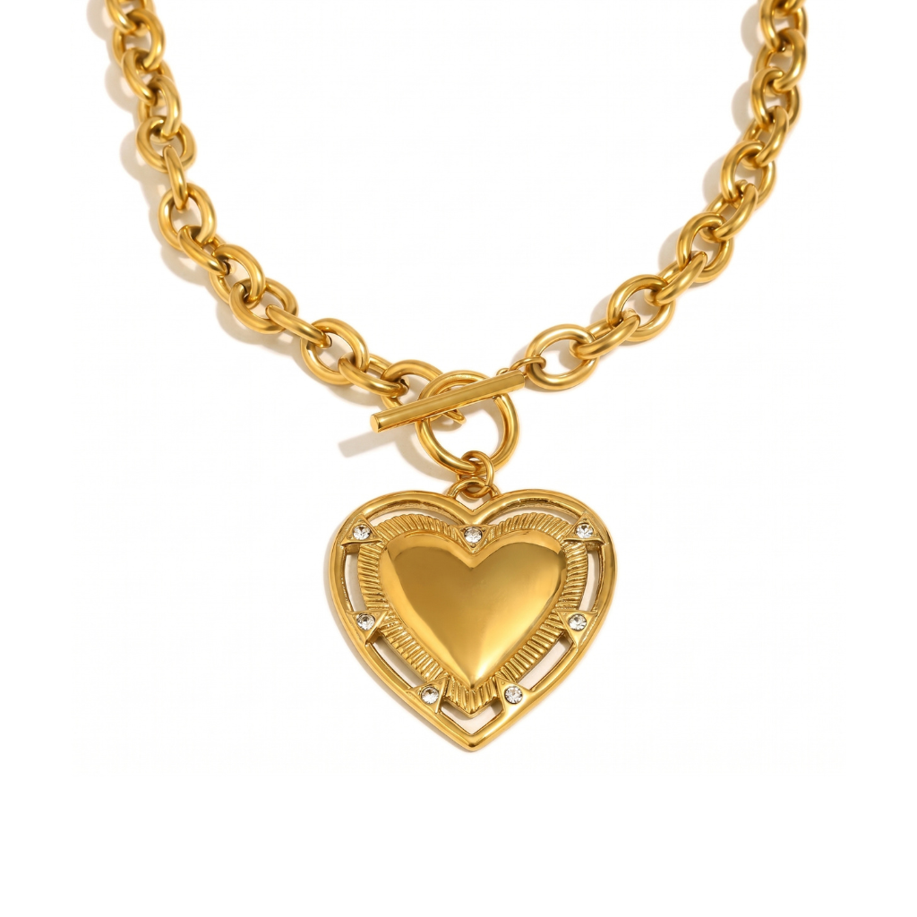 Gold Toggle Clasp Chain with Large Cubic Zirconia Gold Heart Charm