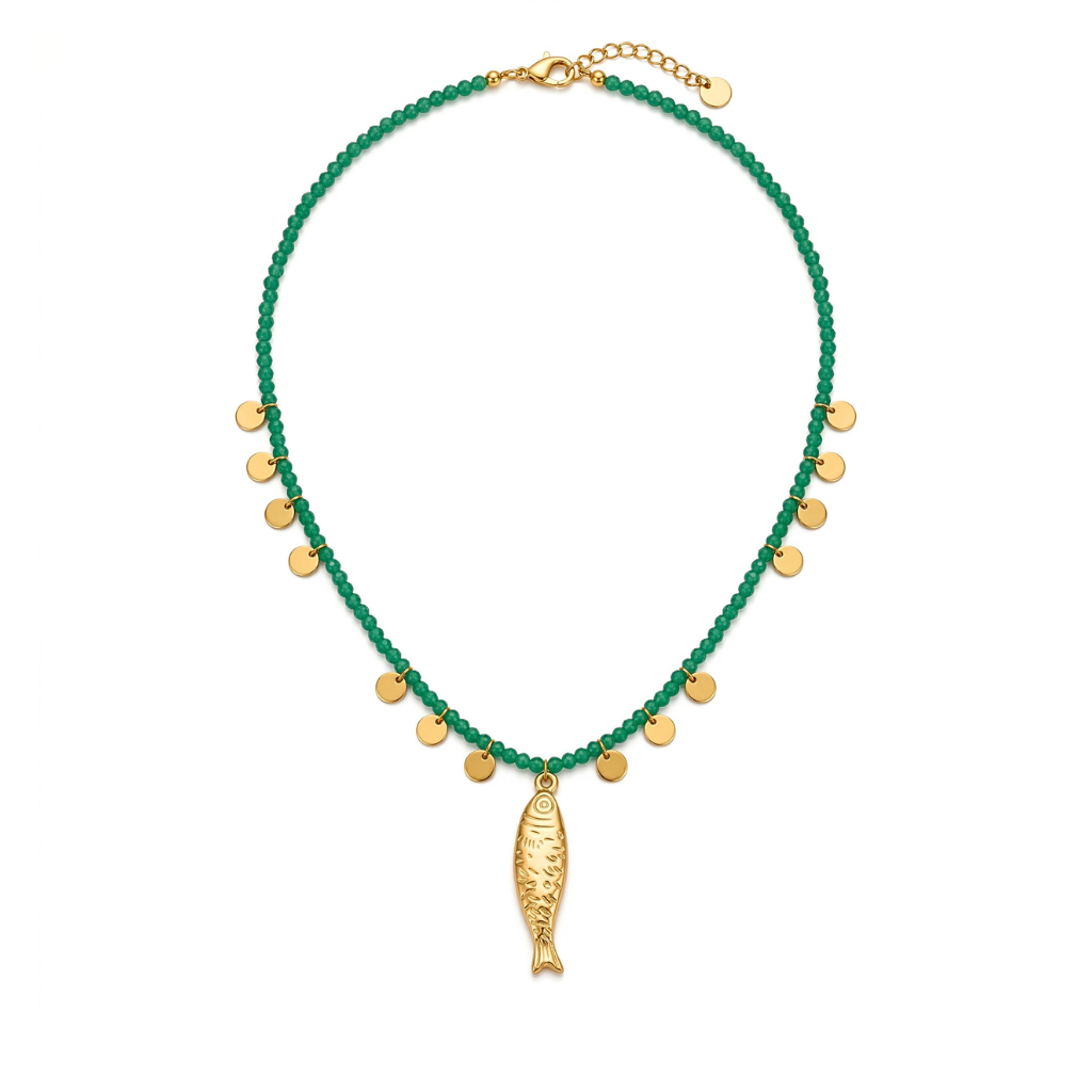 Green Beaded Necklace with Gold Fish Charm