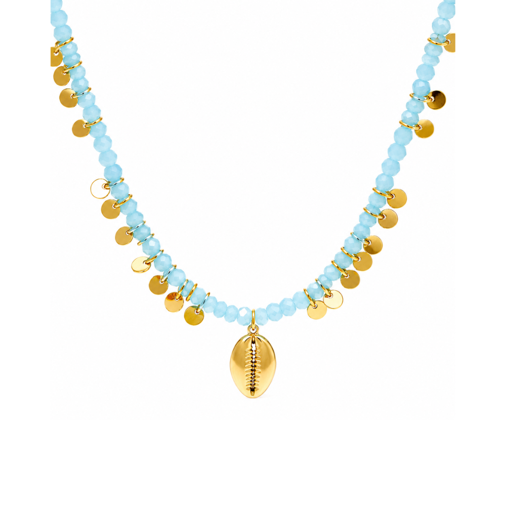 Necklace with light blue beads and gold accents on a white background