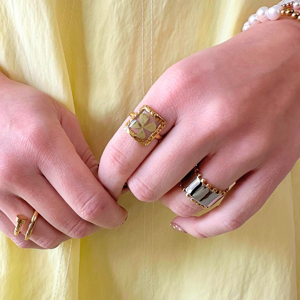 Gold 4-Leaf Clover Square Adjustable Ring