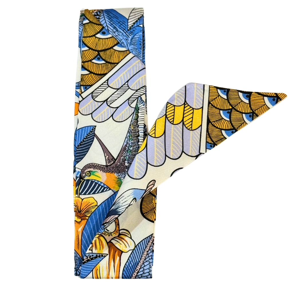 Blue, White & Gold with Flower & Bird Print Scarf