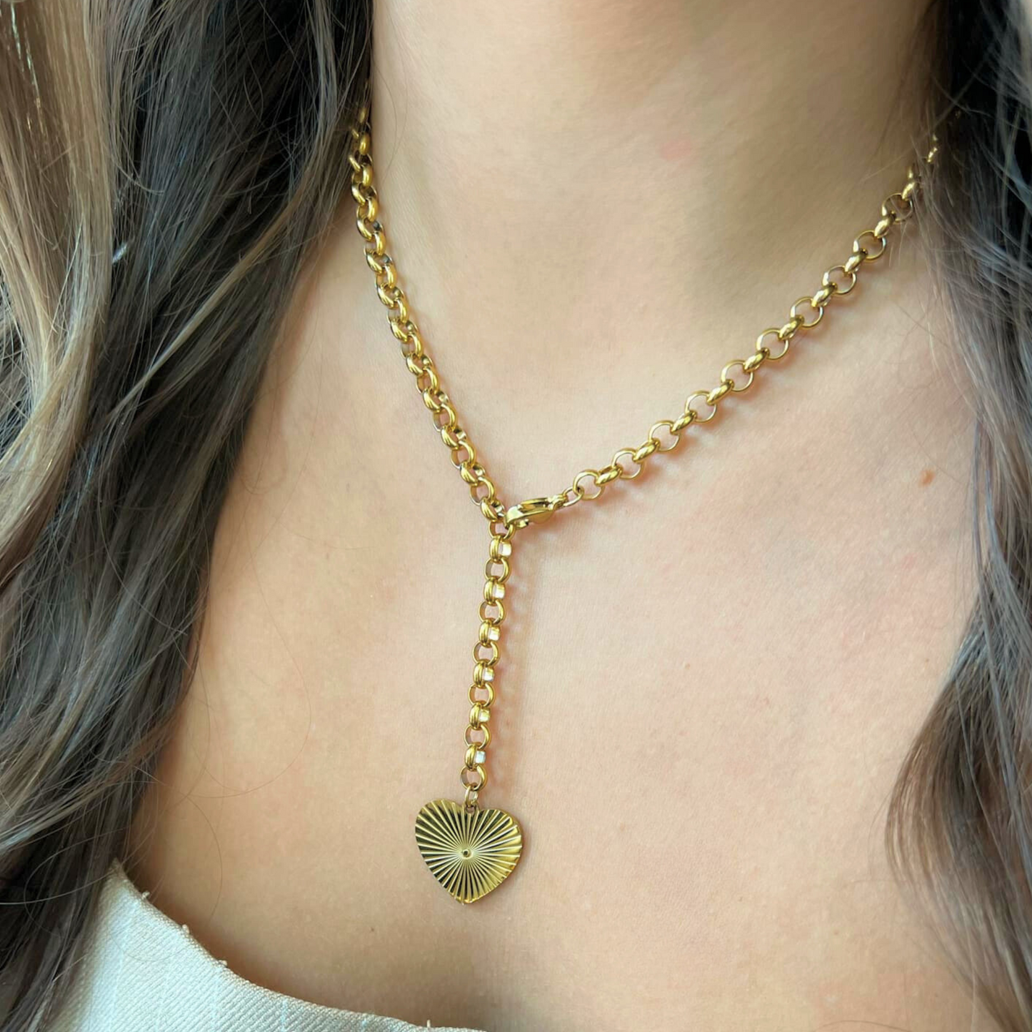 Gold Link Chain Necklace with Large Heart Charm