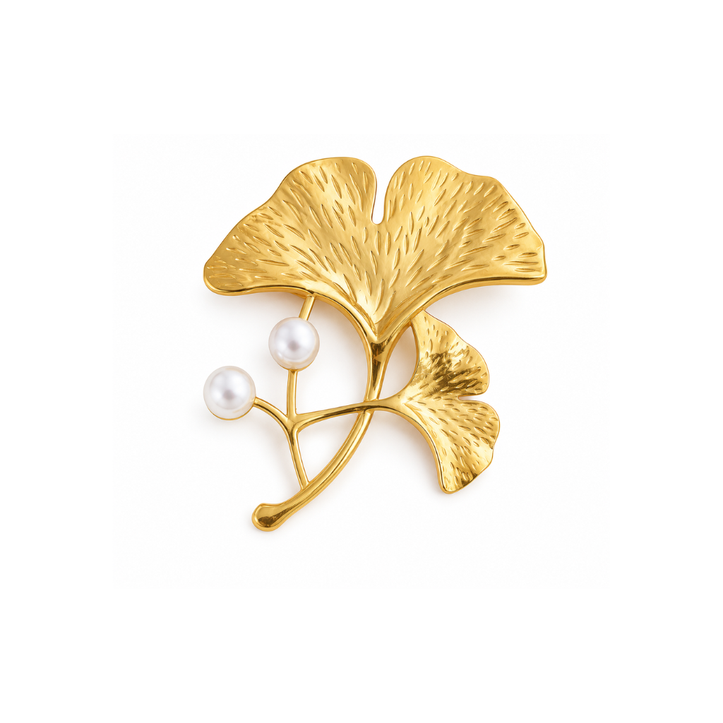 Gold Ginkgo Leaf & Pearl Brooch
