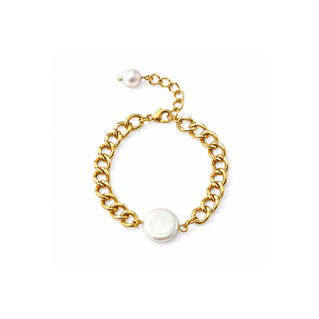 Gold Curb Chain with Coin Pearl Clasp Bracelet