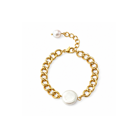 Gold Curb Chain with Coin Pearl Clasp Bracelet