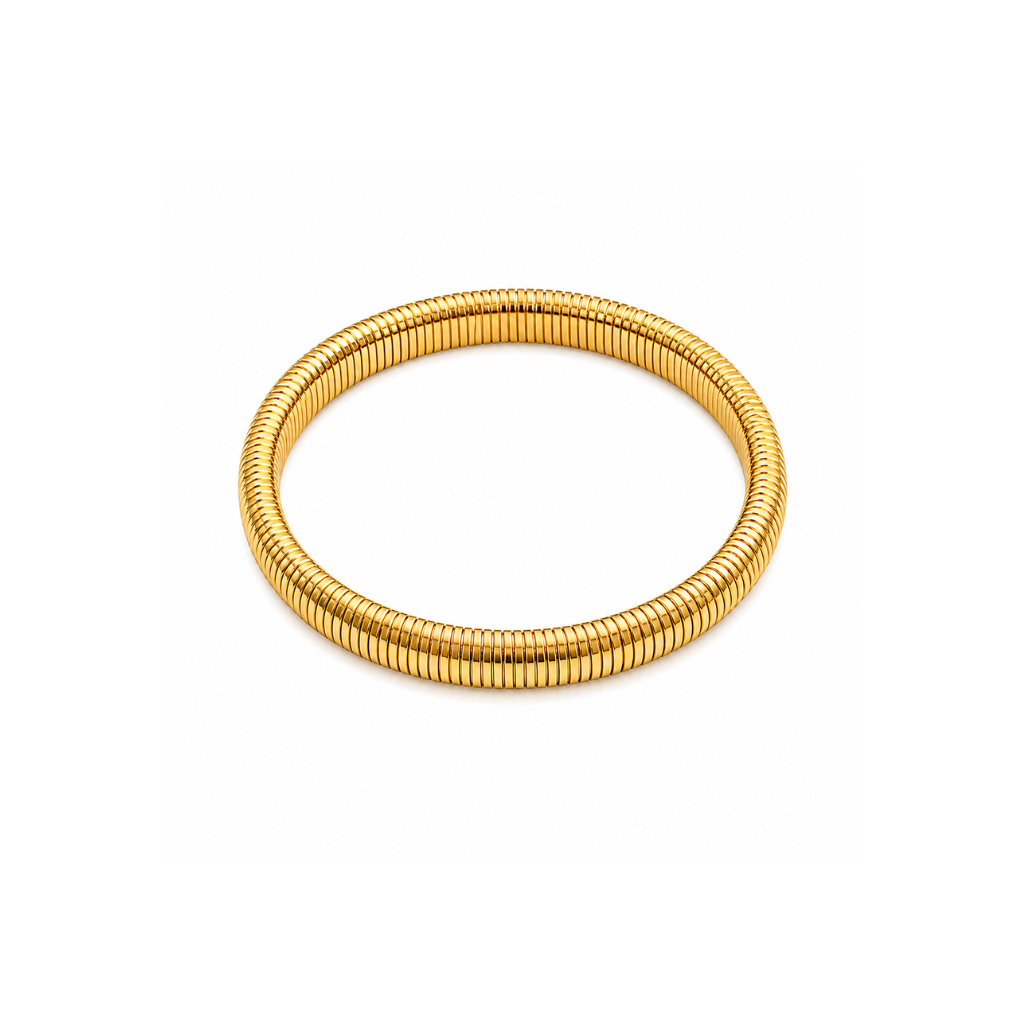 A gold-colored segmented bangle bracelet with a textured, ridged exterior, shown on a plain white background.