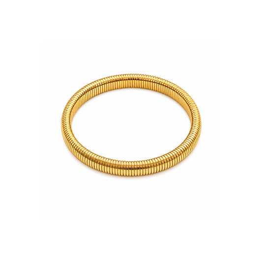A gold-colored segmented bangle bracelet with a textured, ridged exterior, shown on a plain white background.