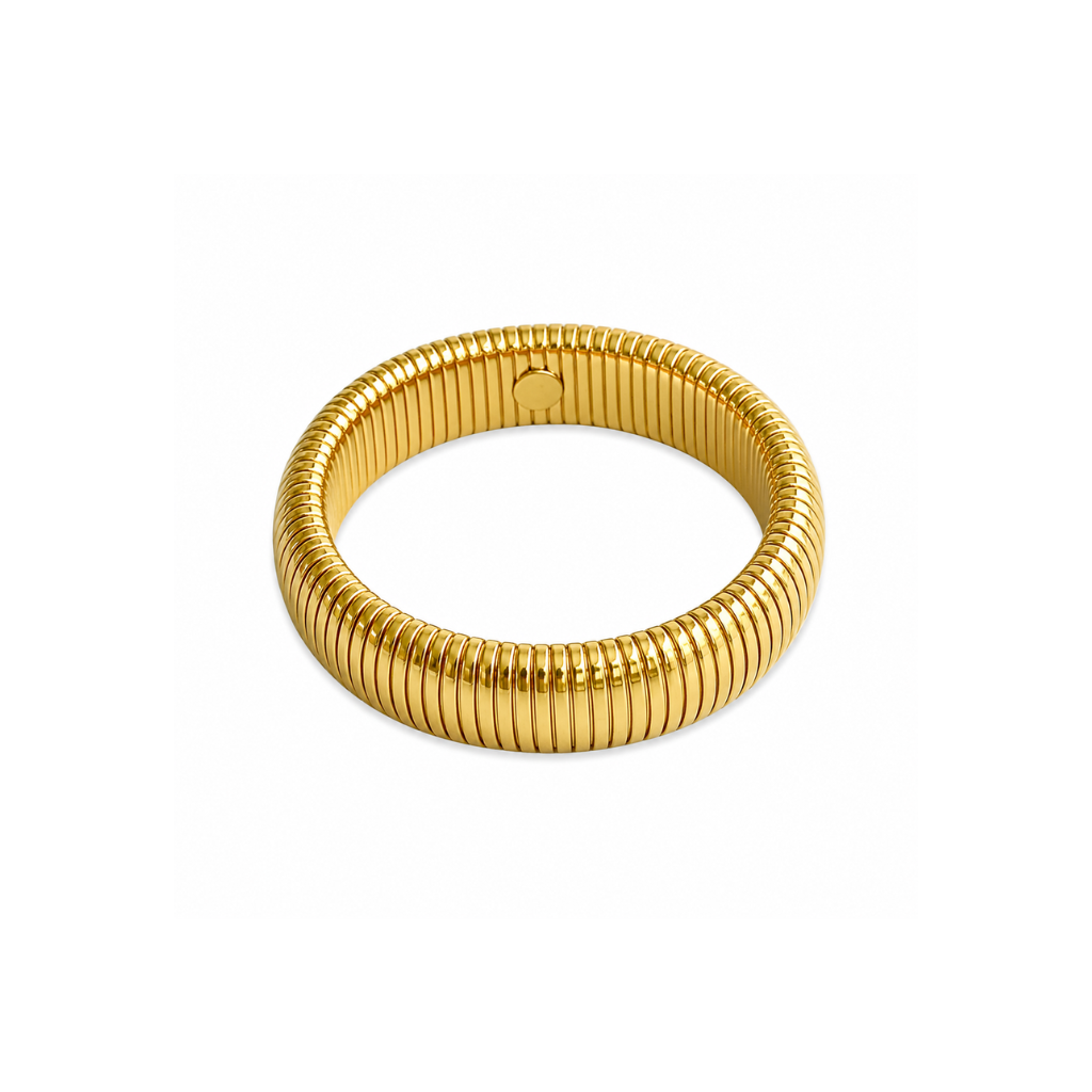 A gold-plated gold coil bangle with a textured, ribbed surface, photographed on a clean white background.