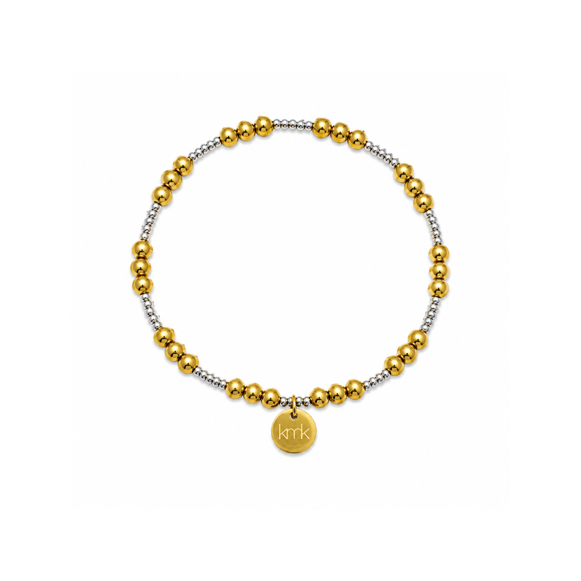 A beaded stretch bracelet featuring alternating polished gold and textured silver beads, with a small round gold disc charm engraved with the name 'KMK'.