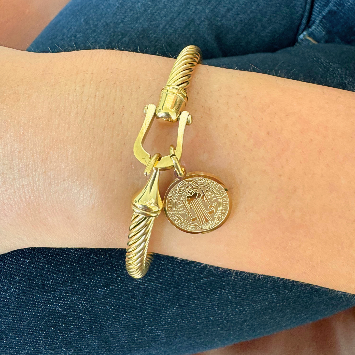 Gold Cable Bangle with Coin Charm