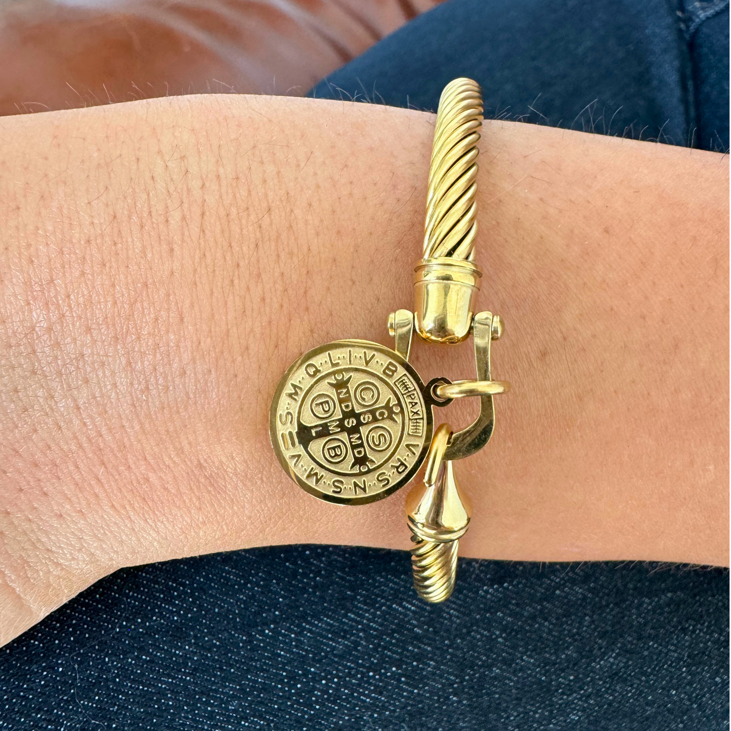 Gold Cable Bangle with Coin Charm