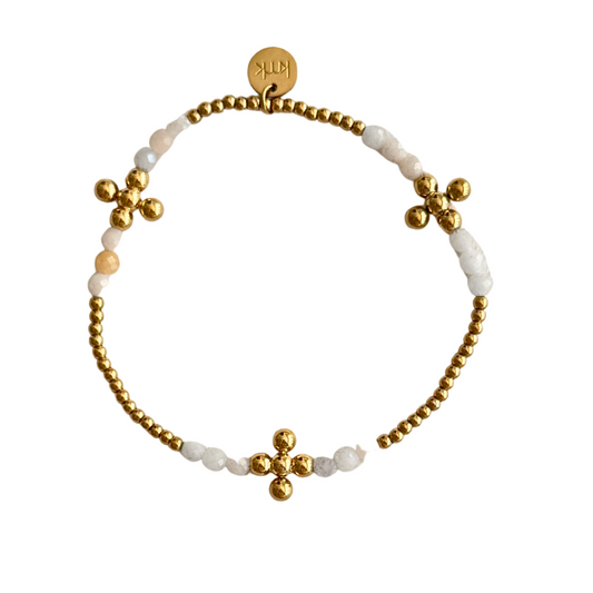 3mm Pink Opal and 2.5mm Gold Bead Cross Bracelet