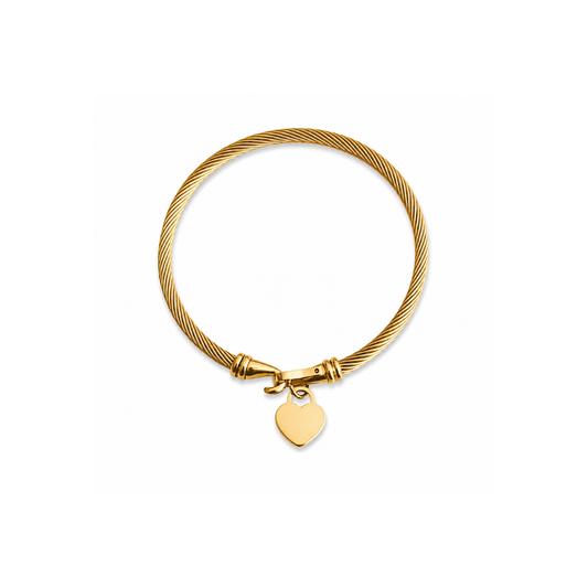 Gold Cable Bangle with Heart Charm
