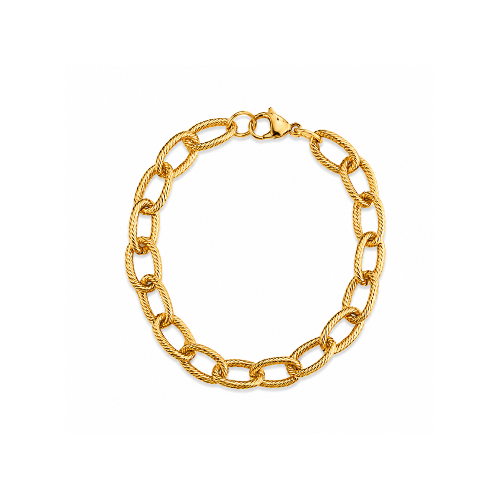 A gold-colored chain link bracelet with a twisted rope link design and a lobster clasp, shown on a plain white background.