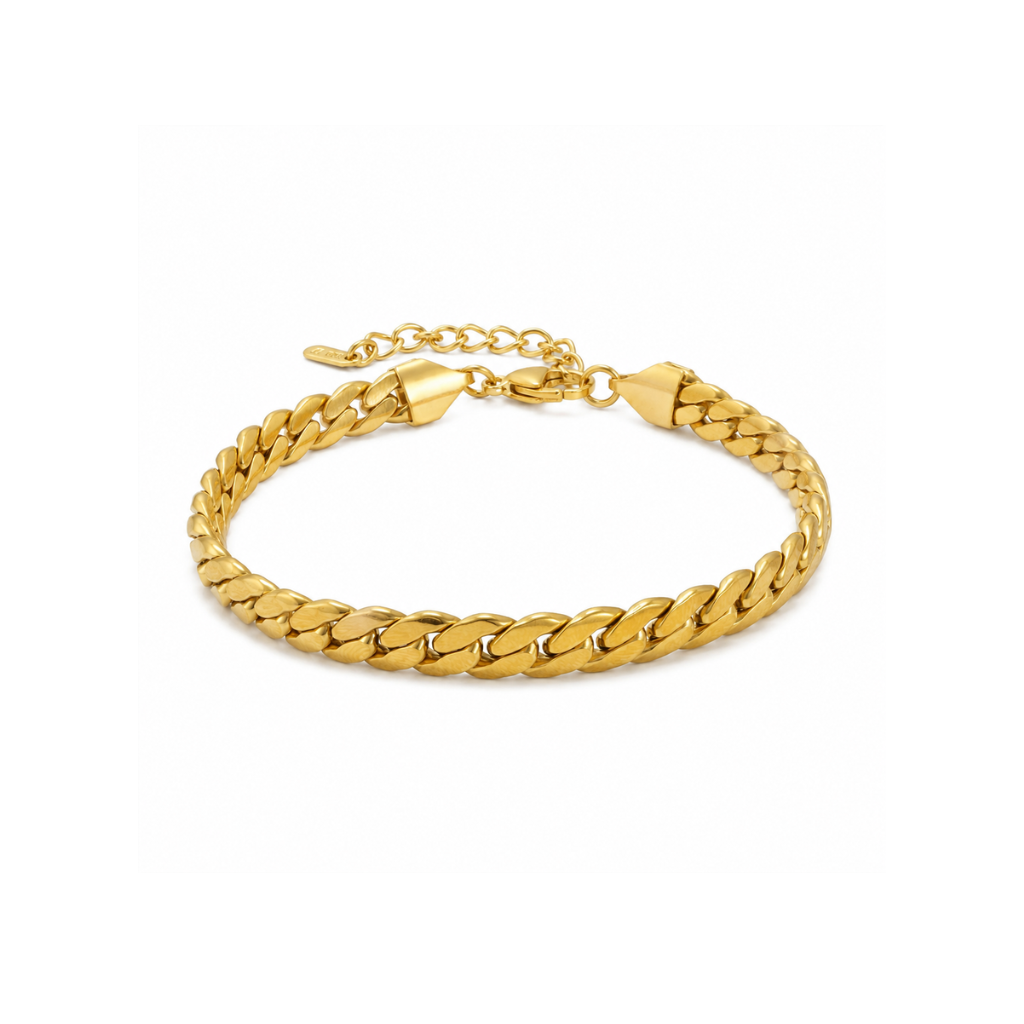 A polished yellow gold curb link bracelet with a matching spring ring clasp and extender chain, displayed on a clean white background.