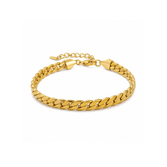 A polished yellow gold curb link bracelet with a matching spring ring clasp and extender chain, displayed on a clean white background.
