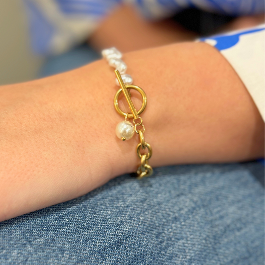 Half Pearl Half Gold Chain Toggle Clasp Bracelet