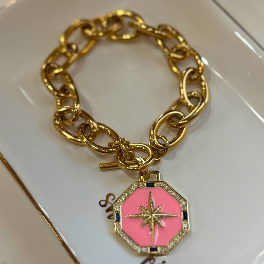 Pink Enamel Starburst Charm Bracelet