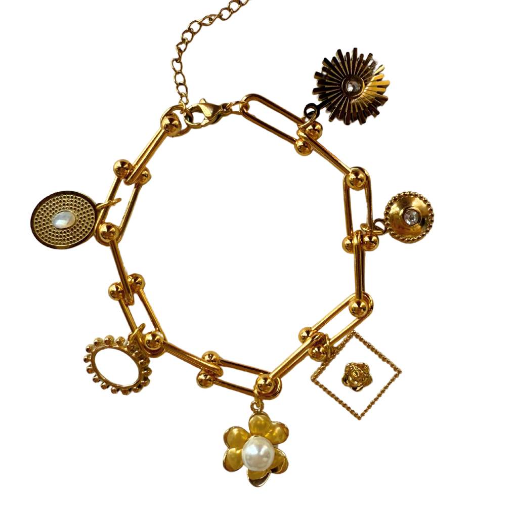 Gold Floral and Medallion Charm Bracelet
