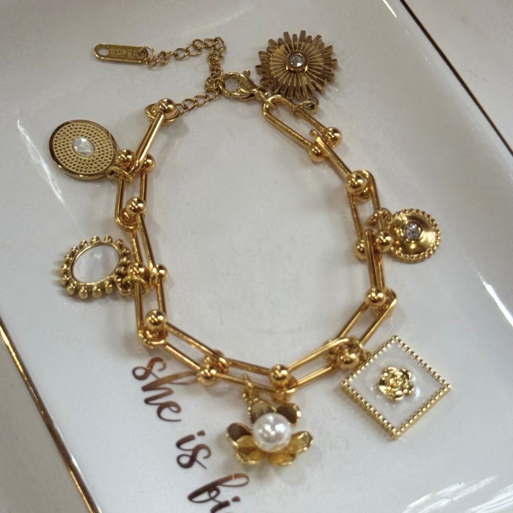 Gold Floral and Medallion Charm Bracelet