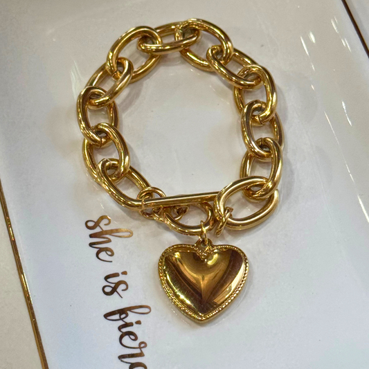 Gold Link Heart Charm Bracelet