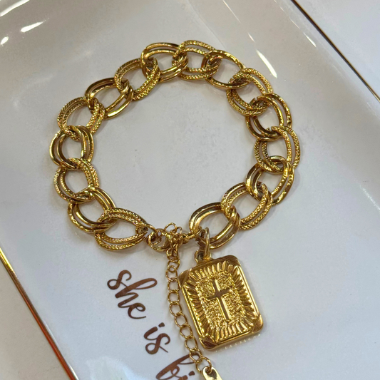 Gold Cross Card Charm Bracelet