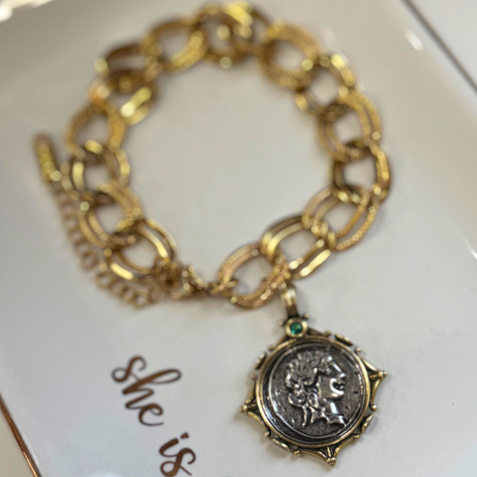 Gold Emerald Coin Charm Bracelet