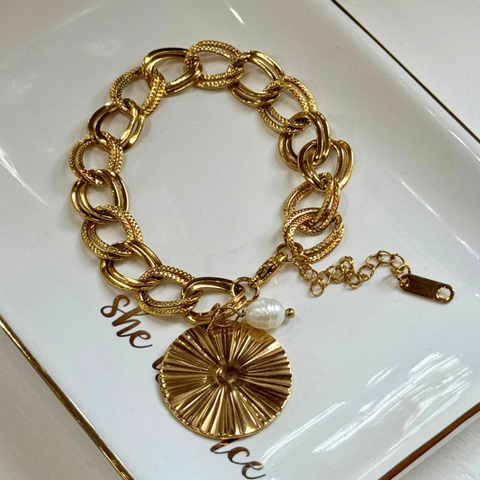 Gold Textured Chain with Pearl Medallion Charm Bracelet