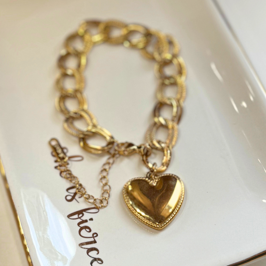 Gold Textured Beaded Heart Charm Bracelet