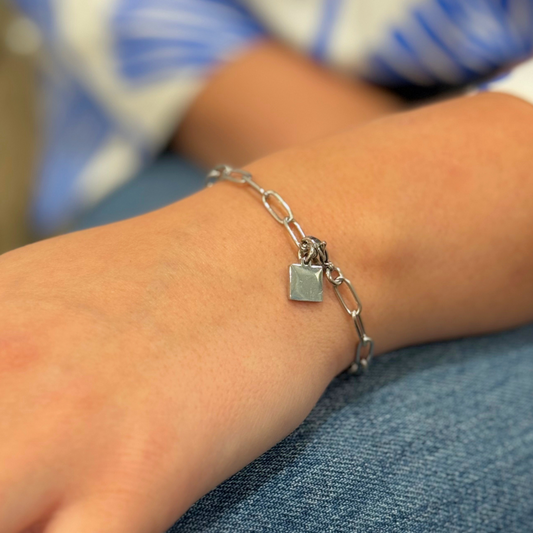 Silver Paperclip Chain with Small Square Charm Bracelet