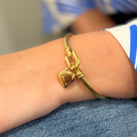 Gold Puff Heart Cable Clasp Bracelet