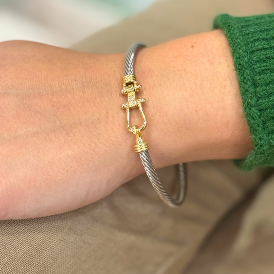 Two-Tone Thin Cable Bangle with Cubic Zirconia