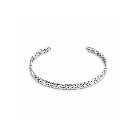 A silver open cuff bracelet with a textured, woven chevron pattern, displayed on a clean white background.