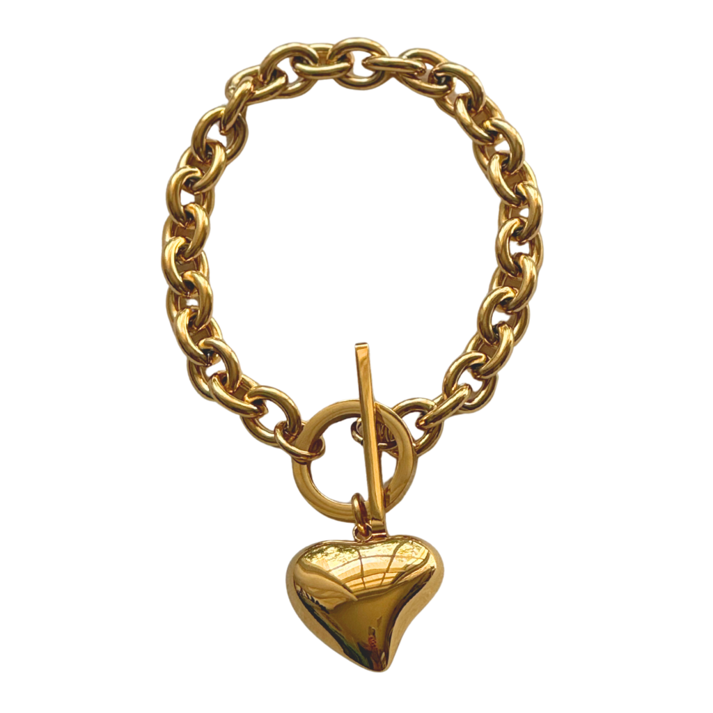 Gold Toggle Clasp Chain with Large Puff Heart Bracelet