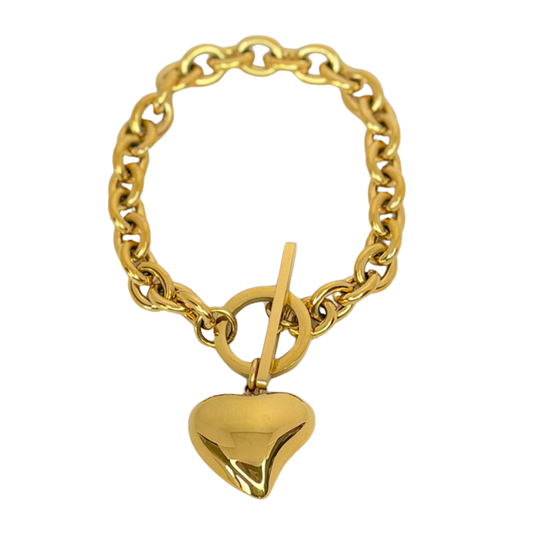 Gold Toggle Clasp Chain with Large Puff Heart Bracelet