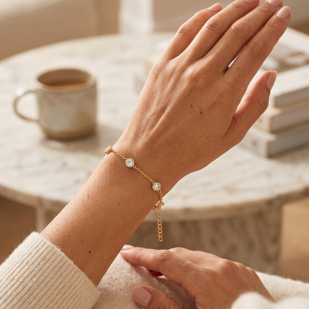 A delicate gold chain bracelet with three small clear crystal-like beads and a small dangling charm, shown worn on a person's wrist in a softly lit indoor setting.