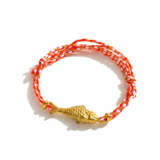 Red & White Cotton Thread Gold Fish Adjustable Bracelet