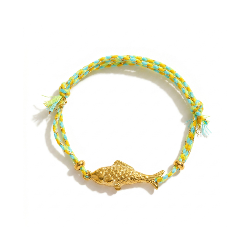 Green & Gold Cotton Thread Gold Fish Adjustable Bracelet