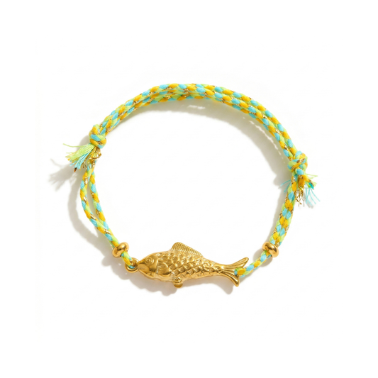 Green & Gold Cotton Thread Gold Fish Adjustable Bracelet