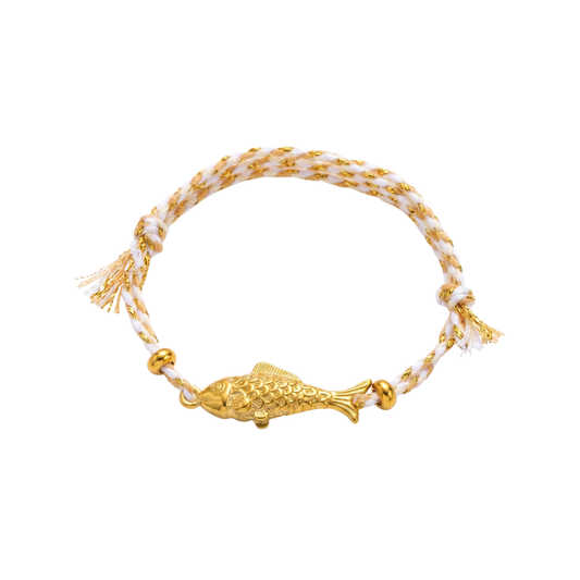 Gold & White Cotton Thread Gold Fish Adjustable Bracelet