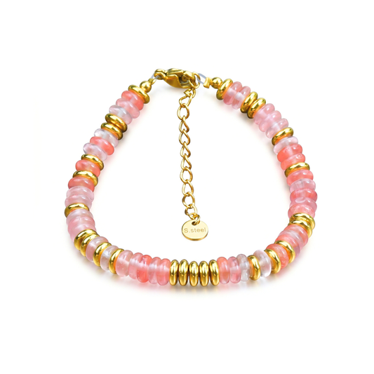 Pink & Gold Natural Stone Beaded Clasp Bracelet