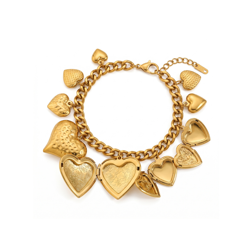 Gold Heart Locket Charm Bracelet