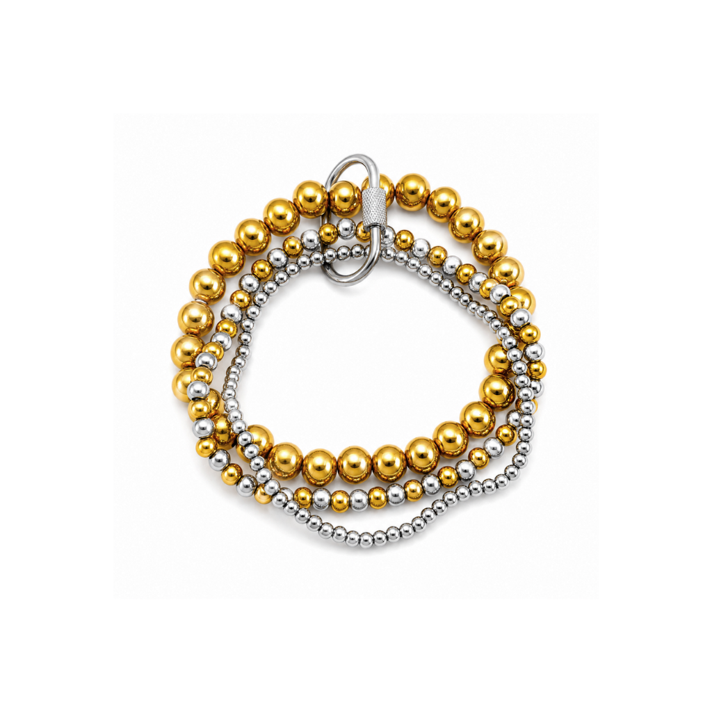 Two-Tone Beaded Set of 3 Bracelets with Silver Buckle